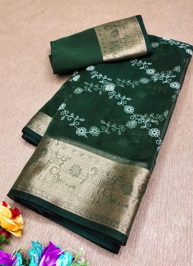 Organza Green Festival Wear Zari Work Saree